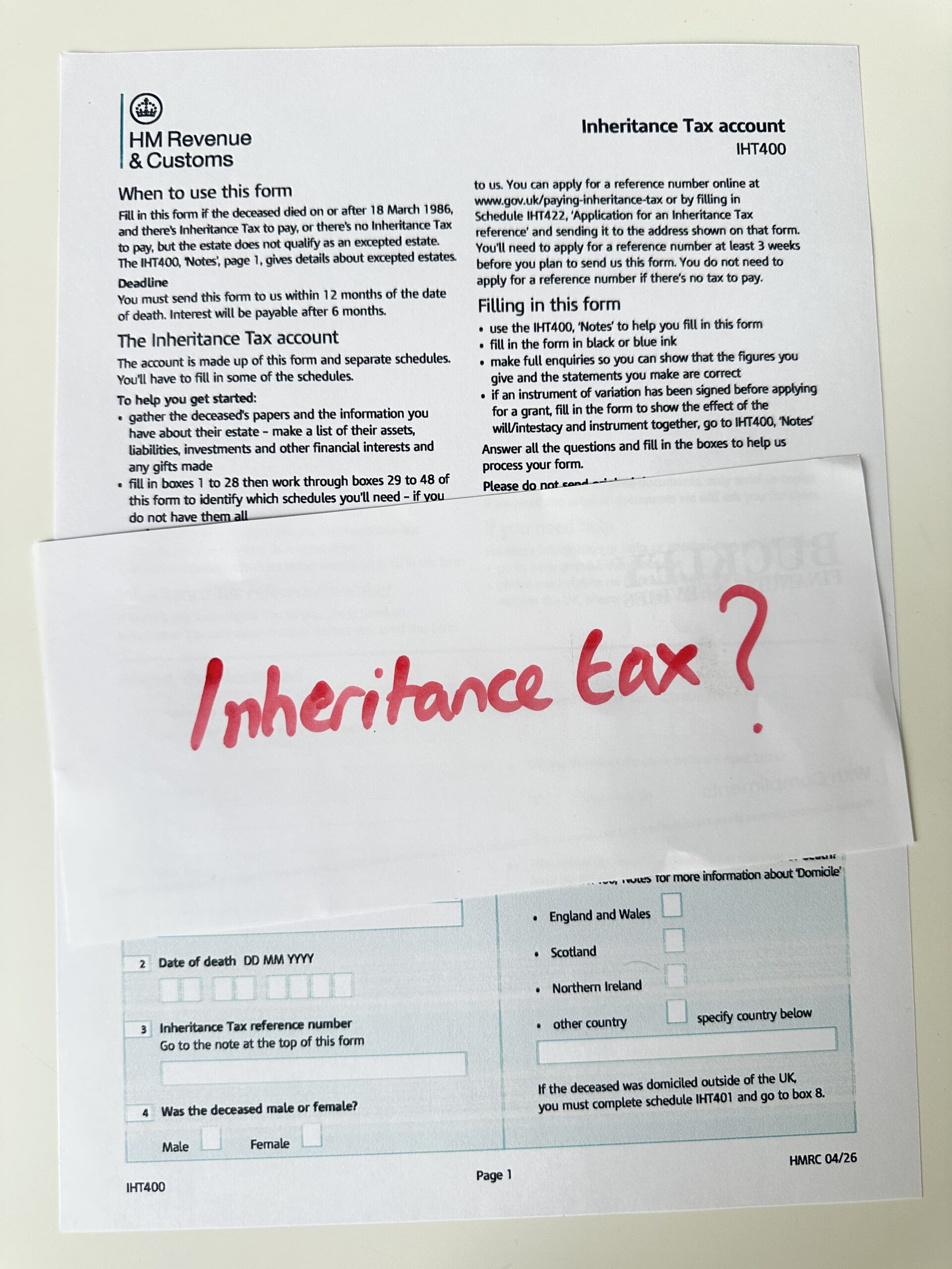 Paul Buckley hand written inheritance tax note on a UK tax form